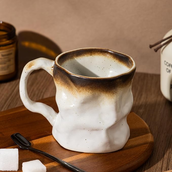 Handmade Ceramic Coffee Mugs, Mugs with Spoon, 11oz, Handmade Pottery Mug with Handle, Hand-painting, Unique Uneven Surface Tea cups, Dishwasher and Microwave Safe (White)
