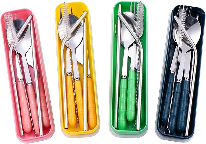 4 Colors Portable Travel Utensils with Case, Reusable Stainless Steel Cutlery Include Knife Fork Spoon Straw for Travel Camping Office