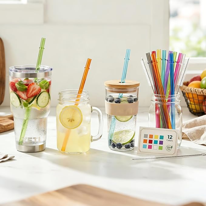 24 Pack Reusable Tritan Straws with 4 Cleaning Brushes, 10.5 Inch Hard Plastic Drinking Set, 12 Colors, BPA Free Dishwasher Safe, for Tumblers, Iced Coffee, Smoothies, Cups and Jars