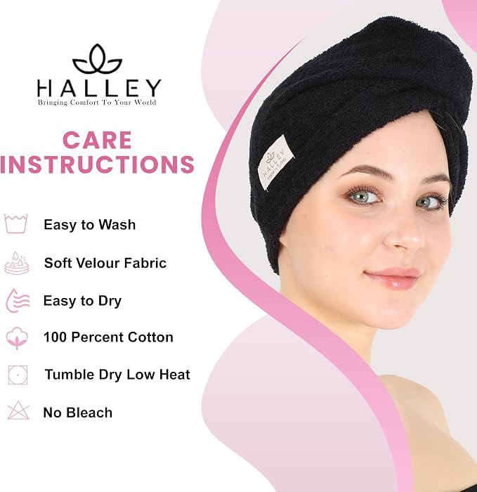 HALLEY Cotton Hair Towel Wrap (3 Packs) Super Absorbent Fast Drying Turbans for Thick, Wet Hair with Button (Black)