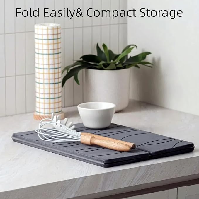 Large Stone Dish Drying Mat for Kitchen Counter, 24"×16" Quick Dry Super Absorbent Diatomate Earth Stone Mat Foldable, Kitchen Stone Mat Non-slip, Heat Resistant, Multi-purpose Mat Grey