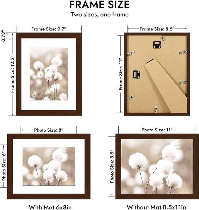 Hongkee 8.5x11 Oak Wood Picture Frame 1 Pack(Matted 6x8), Real Glass Cover | Walnut, 8.5 x 11 Solid Wood Frame for Wall or Tabletop Display - Includes Easel Back, Vertical Hang - Ideal for Home, Office