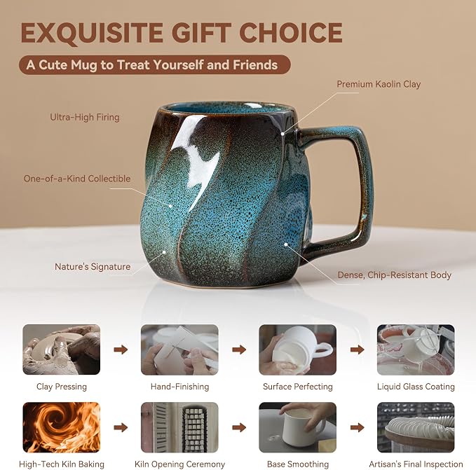 Deep Sea Aurora Ceramic Coffee Mug - 17 oz Unique Reactive Glaze Coffee Cup with Ergonomic Handle, Ceramic Mug for Office Home, Birthday Gift for Men Women