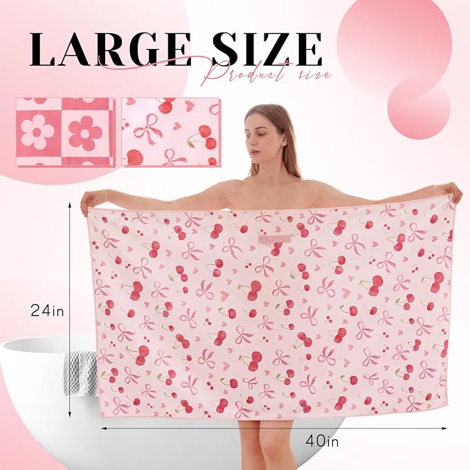 2 Pcs 40 x 24 Inches Large Microfiber Hair Towels Quick Dry Hair Towel Wrap for Women, Suitable for Home, Recreation, Beach, Yoga, Gym, Camping, Etc (Cherry,Flowers)