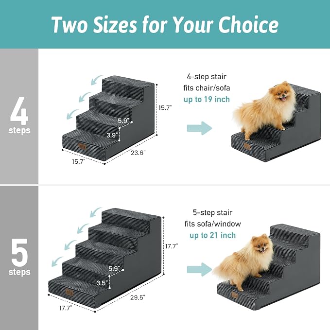 COZY KISS Dog Stairs for Small Dogs 15.7" H, 4-Step Gentle Incline Pet Step for Couch Sofa, Non-Slip Dog Ramp for Puppy Doggie Senior Cats, 15.7x23.6x15.7 Inch, Charcoal Grey