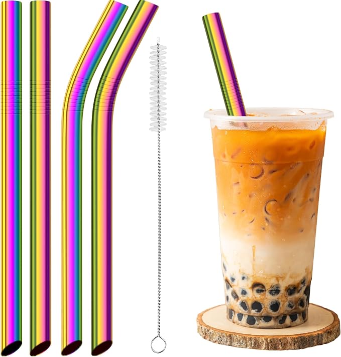 NiHome 4-Pack Stainless Steel Straws for Boba, Smoothie, 10.4” Metal Straws | 0.5'' Extra Wide Metal Reusable Straws, 2 Bent & 2 Straight Long Drinking Straw for Bubble Tea Milkshake, 1 Brush, Iridescent
