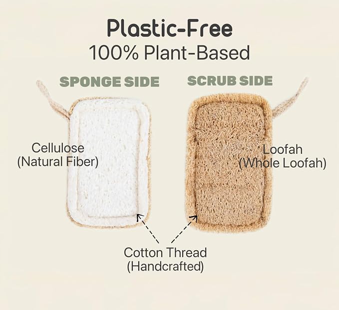 Purle Natural Kitchen Sponges, Eco-Friendly, Compostable Dish Sponges, Loofah & Cellulose Scrubbers, Plastic-Free, Zero-Waste, Biodegradable, Durable, Non-Scratch, Pack of 3