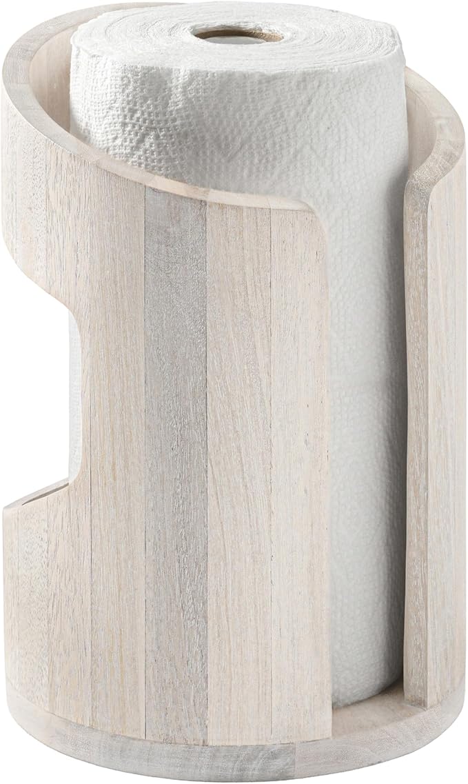 Anji Mountain Wooden Paper Towel Holder Countertop with Mango Wood Round Base and Iron Holder, Holder Stand for Kitchen Roll Organizer & Kitchen Dining Table Home Decor - Whitewash/Nickel, Arc Hold