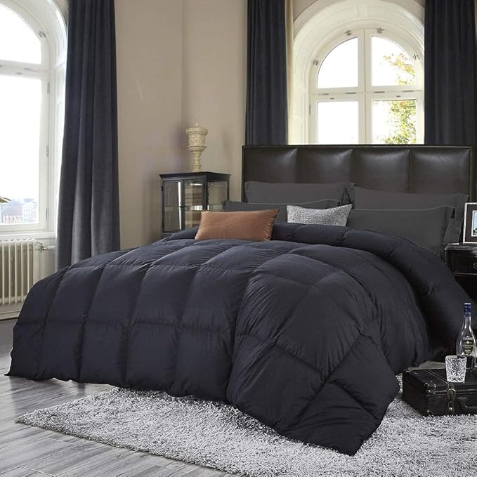 Luxurious Twin/Twin XL Goose Down Comforter, Unique Black Solid, 600 Thread Count, 100% Egyptian Cotton Cover, 65 Oz Fill Weight, 750 Fill Power