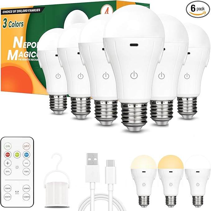 Neporal MagicGlow Rechargeable Light Bulbs with Remote, 3 Colors Shift + Stepless Dimmable Battery Light Bulbs, USB Rechargeable, A19, Up to 24 Hours
