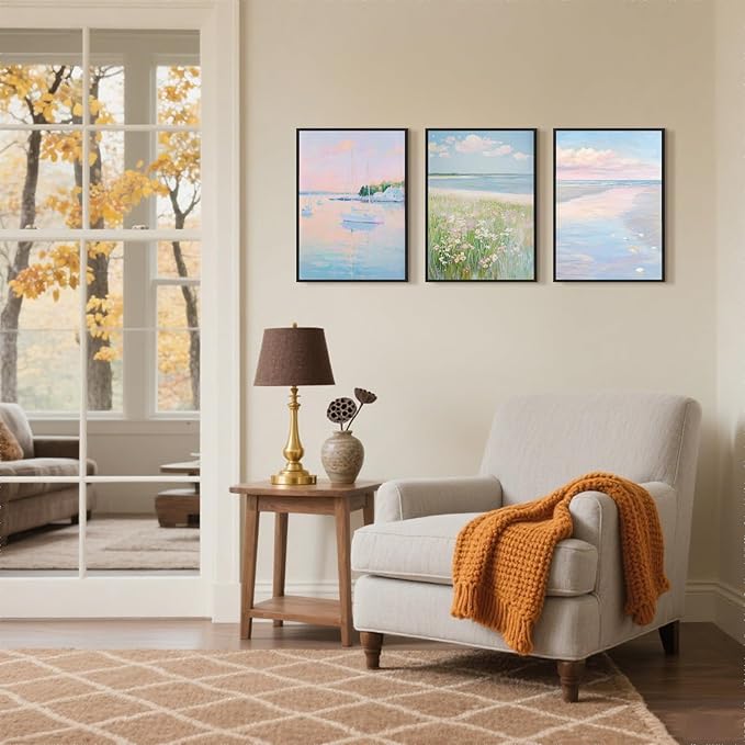 Coastal Pink Wall Art Set of 3 Maximalist Ocean & Beach Landscape Canvas Poster Trendy Sailboats Flowers Sunset Painting Pastel Picture Prints for Bedroom Home Decor 8x12inch Aluminum Framed