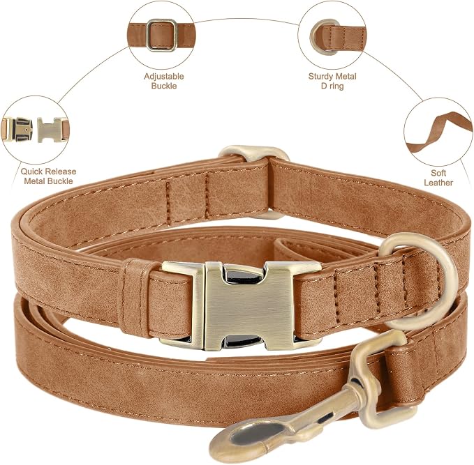 Genuine Leather Dog Collar - Adjustable Pet Collar with Quick Release Metal Buckle, Soft Skin Friendly Real Leather Collar for Small, Medium, Large Dogs (Brown, L：Fit 15-23" Neck)