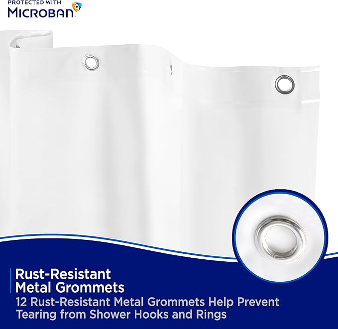 Kenney - Microban PEVA Shower Curtain Liner, Waterproof Medium-Weight 4.8 Gauge Design with Rust-Resistant Metal Grommets and Weighted Magnetic Hem, 70" x 72", White