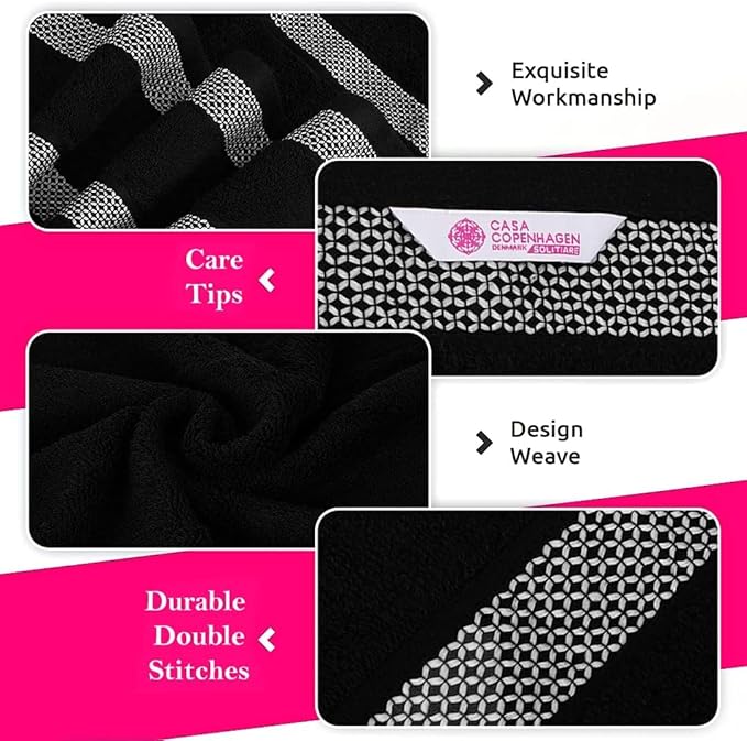 CASA COPENHAGEN Solitaire 6Pcs 100% Egyptian Cotton Large Designer Towels Gift Set- Black - Purple, 2Bath 2Hand 2Washcloths, Bath Towels for Bathroom (Box Pack, Gift Set for Women & Men)