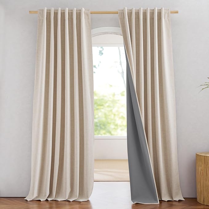 NICETOWN 100% Blackout Beige Linen Bedroom Curtains 95" Length with Thermal Insulated Liners, Farmhouse Style Room Cooling Window Treatments for Living Room, Home Office (2 Panels, 52" W)