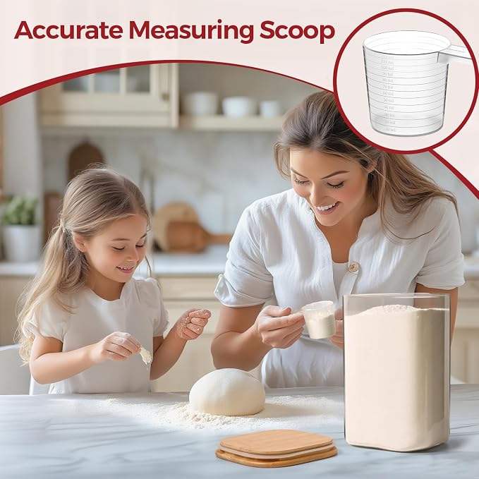 Glass Flour Sugar Storage Containers with Bamboo Lids & Measuring Scoop (1.6Qt/4.6Qt) - Wide Mouth Pantry Storage Containers for Kitchen Counter, Pantry Organization & Baking Essentials 2 pack