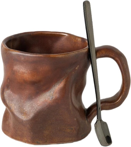 Handmade Ceramic Coffee Mugs, Mugs with Spoon, 11oz, Handmade Pottery Mug with Handle, Hand-painting, Unique Uneven Surface Tea cups, Dishwasher and Microwave Safe (Coffee Color)
