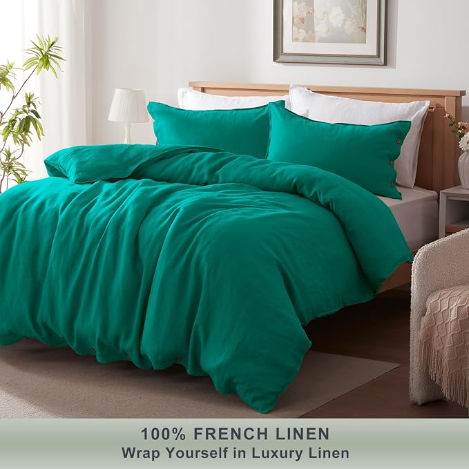 TOSMO 100% Linen King Duvet Cover Set, Luxury French Flax Natural Linen Duvet Cover with Button Closure & Corner Ties, Cooling Breathable Comforter Cover 3 Piece (Teal)