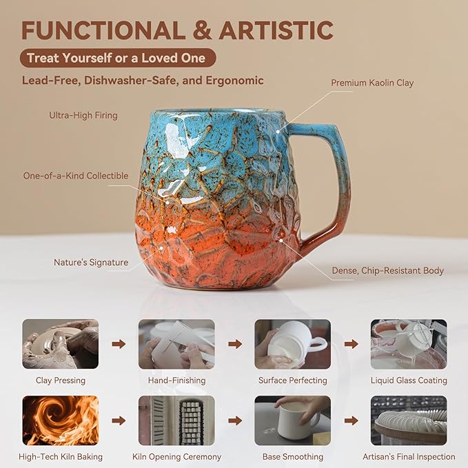 18oz Unique Blue & Orange Kiln-Change Ceramic Coffee Mug, Handcrafted Hammered Texture Ceramic Mug with Ergonomic Handle, Microwave & Dishwasher Safe, Gift for Coffee Lovers, Home Office Daily Use