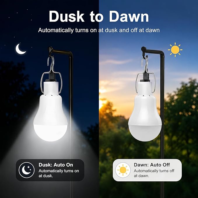 Chicken Coop Light with Timer, Dusk to Dawn Rechargeable Solar Light Bulbs for Indoor Home, Outdoor Camping Lamps for Tent, LED Solar Lights for Shed Night, Emergency Power Outage, Outside