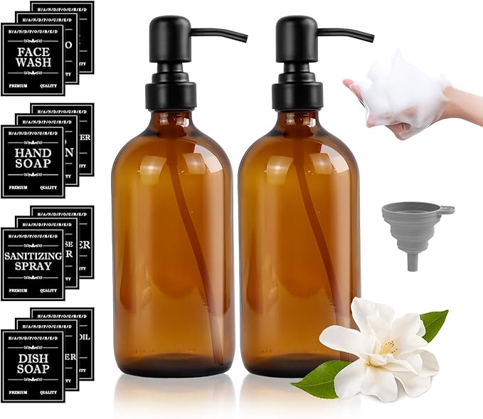 Amber Glass Soap Dispenser, Sturdy Hand Soap Containers with Waterproof Labels and a Foldable Funnel, Refillable Dish Soap Bottles Set for Bathroom Kitchen Hotel