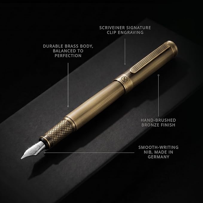 Scriveiner Luxury Fountain Pen - Stunning Bronze Luxury Pen, Schmidt Gilded Nib (Fine), Converter, Best Pen Gift Set for Men & Women, Professional, Executive, Office, Nice Pens