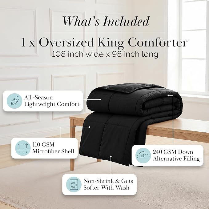 Southshore Fine Living, Inc. California King Size Comforter, Pet Hair Resistant Bedding Comforter Only, Easy Care Oversized Down-Alternative Black Comforters, King Size Bedding, Black Comforters
