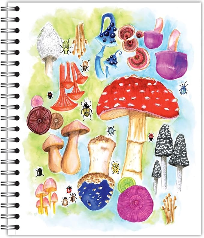 Large Spiral Bound Recycled Notebook, Mushrooms Design, 11" x 9", 70 Sheets, Double-Wire, College Ruled, Vegan, Made in USA