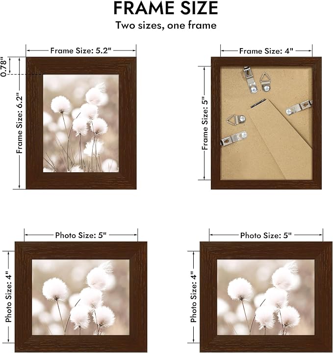 Hongkee 4x5 Oak Wood Picture Frame (1 Pack, Walnut) with Real Glass Cover | Solid Wood 4 x 5 Small Frame for Wall or Tabletop Display - Includes Easel Back, Vertical Hang - Ideal for Home, Office