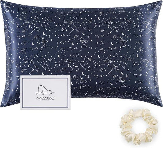 ALASKA BEAR Silk Pillowcase Envelope Closure, 22 Momme 100 Percent Long Overlap Sleeve Mulberry Silk Pillow Case Foldover Design, Machine Washable and NO Zipper, Queen (1, Constellation)