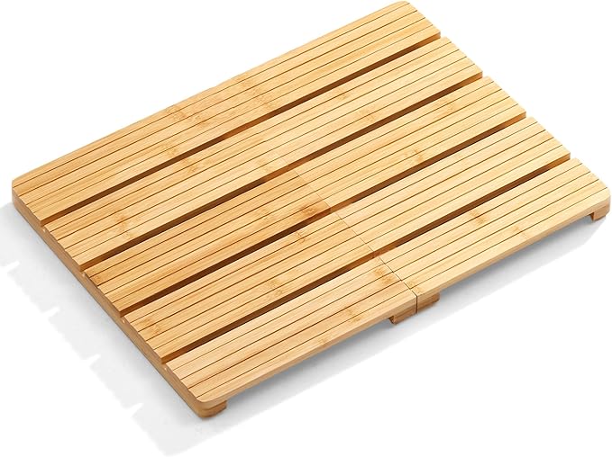Foldable Bamboo Bath Mat for Shower, 19.68" x 14.17" in Non-Slip Wood Bathroom Rug, Quick-Dry Waterproof Carpet for Indoor Outdoor Use by Sink, Tub, Pool