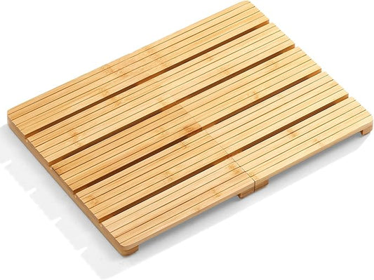 Foldable Bamboo Bath Mat for Shower, 19.68" x 14.17" in Non-Slip Wood Bathroom Rug, Quick-Dry Waterproof Carpet for Indoor Outdoor Use by Sink, Tub, Pool