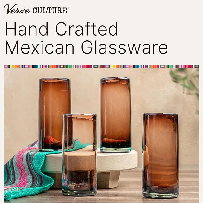 Verve CULTURE Mexican Hand Blown Highball Glasses, Unique Handmade Glassware, Drinking Glass Cups for Cocktails, Juice, Mixed Drinks, Elegant Tabletop Drinkware, Set of 4 (Tamarind, 16 oz)