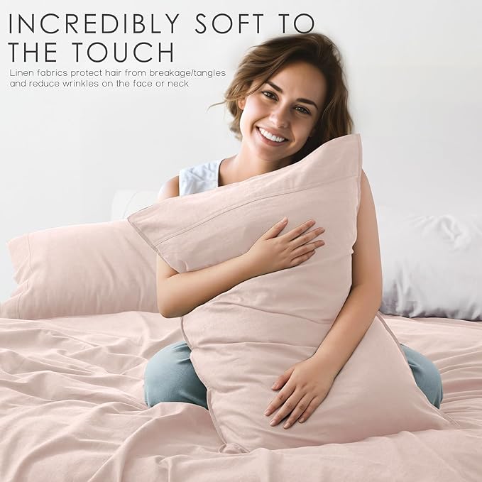 4Pcs Organic Linen Sheets Full Size, 100% French Linen from Normandy, Breathable Pink Full Sheet Set with 16 Inch Deep Pocket, 1 Flat Sheet, 1 Fitted Sheet, 2 Pillowcases