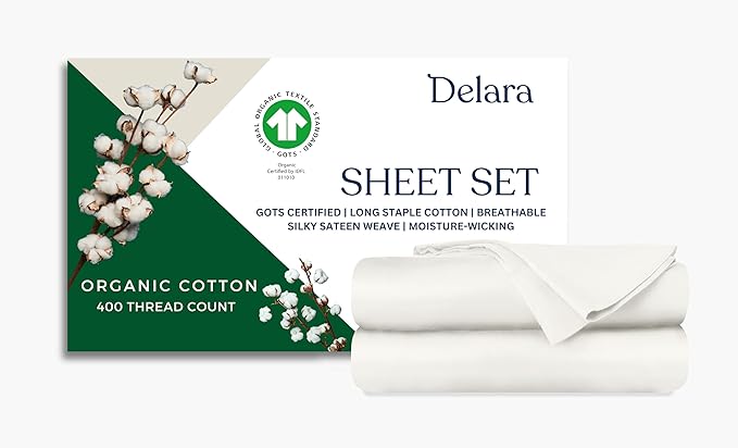 GOTS Certified 100% Organic Cotton Sheets, 400TC Long Staple Cotton, Ultra Soft, Silky, Moisture-Wicking, Smooth & Breathable, with Elasticized Deep Pocket