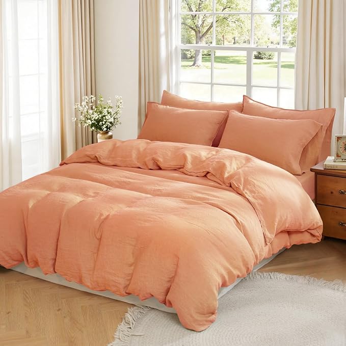 S VICTORY SYMBOL 100% Organic Linen Duvet Cover Set 3PCS Queen Size,Stone Washed French Flax Bedding,1 Comforter Cover and 2 Pillowcases Solid Color Bedding Set(Peach)