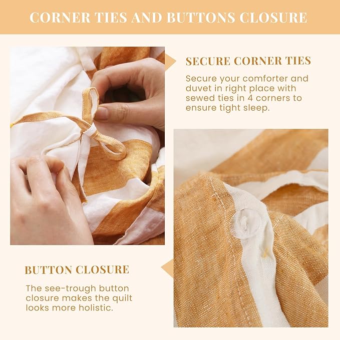 S VICTORY SYMBOL 100% Organic Linen Duvet Cover Set,Yellow Stripe Yarn Dyed Pattern Farmhouse Bedding Set,French Natural Flax Comforter Cover Set Full Size 3Pcs
