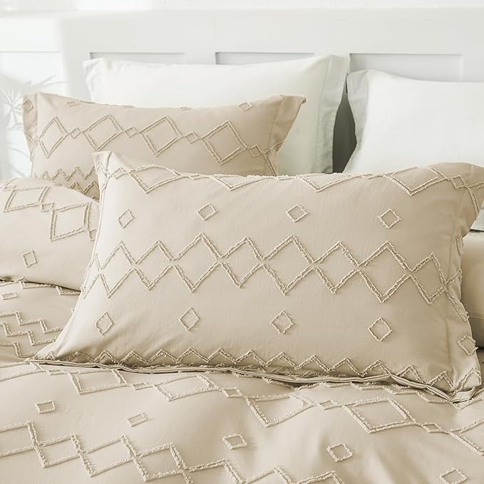 EMME Boho Duvet Cover Queen Size Beige - 3 Pieces Soft & Breathable Tufted Boho Shabby Chic Embroidery Bedding for All Seasons, 1 Duvet Cover with 2 Pillow Shams & Zipper Closure (Beige, Queen)