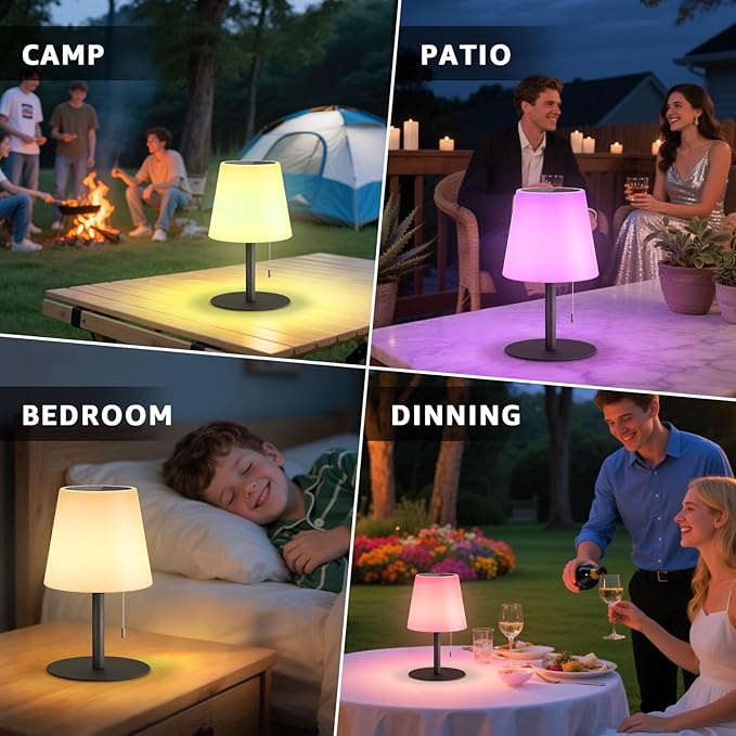uuffoo 2 Pack Solar Lamp Outdoor Waterproof 8 Colors Rechargeable Cordless, Eye-Caring Dimmable Solar Lights LED Battery Operated Portable for Indoor Outdoor Garden Patio (2PCS Black)