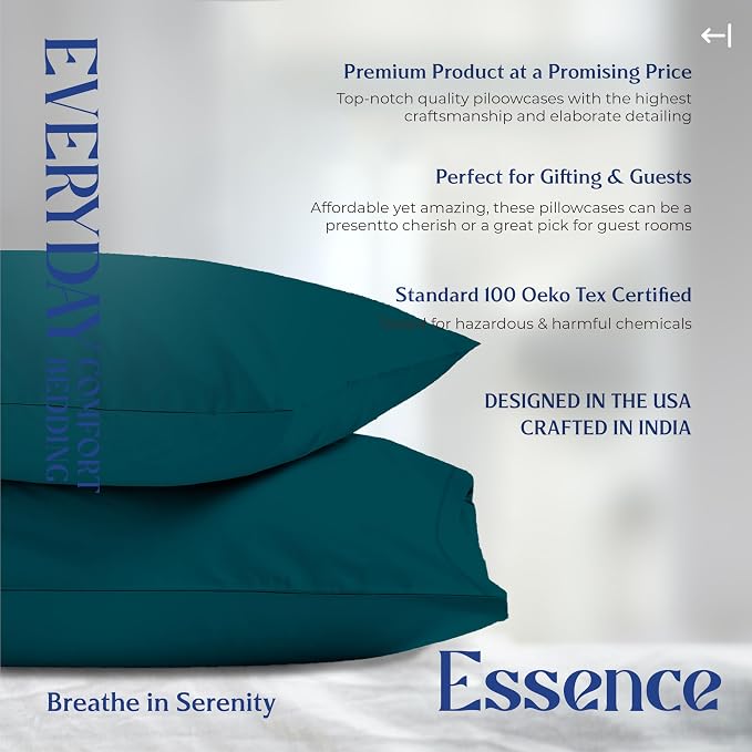 Mayfair Linen 100% Organic Cotton Percale Pillow Cases Queen/Standard Size Set of 2 - Percale Pillowcovers Standard/Queen (Teal), Soft Cooling Pillow Case for Sleeping, Cotton Pillowcases