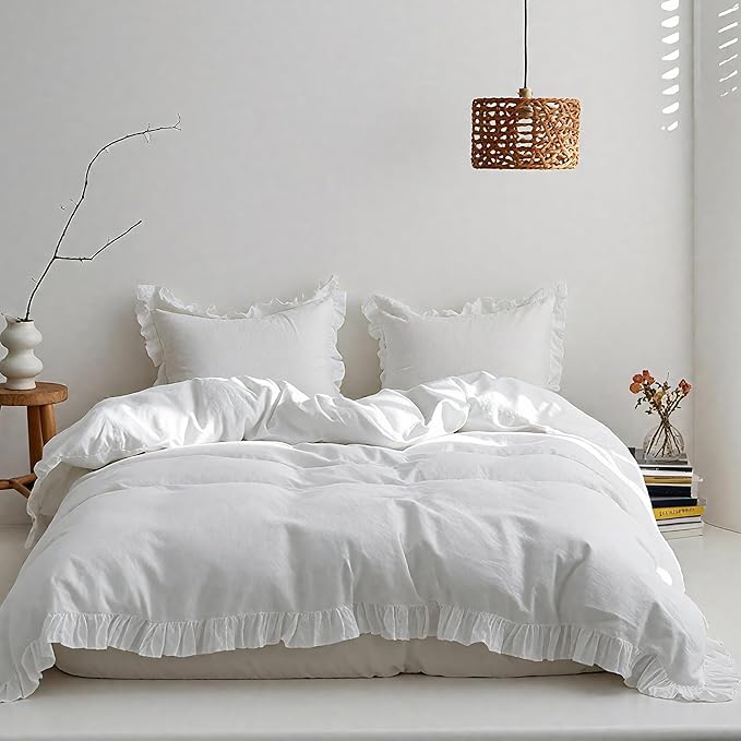 Simple&Opulence 100% Linen Duvet Cover Set, 3 PCS Natural French Flax White Ruffle Duvet Cover King Size, Breathable Comfy Linen Bedding Comforter Cover with 2 Pillowcases (White, 104" X 92")