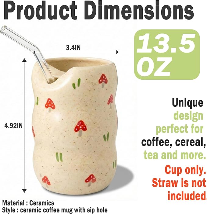 Ceramic Coffee Mug with Sip Hole, 13.5 oz Handmade Pottery Mug, No-Handle Modern Ceramic Cup for Daily Coffee & Tea, Office Use, Mushroom Design (1 Pack)