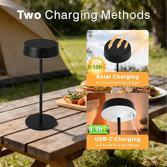 Solar Table Lamp, Rechargeable Outdoor Lamps for Patio Waterproof 3 Color Dimmable, Solar Lamp for Outdoor, Bedroom, Garden, Camping, Bathroom (Black)