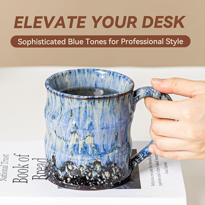 Unique Reactive Glaze Ceramic Coffee Mug - 15 oz Large Coffee Cup with Ergonomic Handle, Deep Sea Blue Ceramic Mug for Office & Home, Great Birthday Gift for Women, Men & Friends