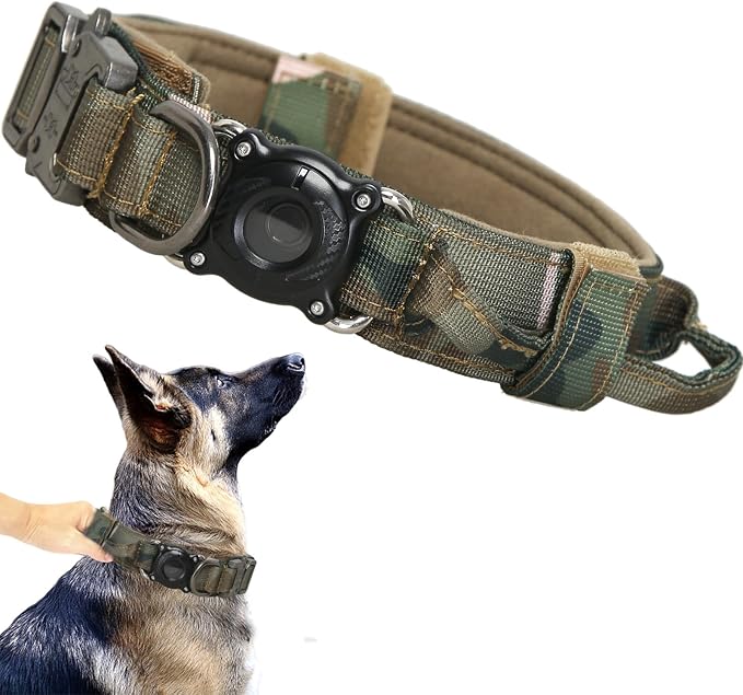 Upgraded AirTag Dog Collar,Waterproof Tactical Dog Collar with AirTag Holder, Control Handle and Metal Buckle,Heavy Duty Dog Collars for Large Dogs(AirtagCamo，XL