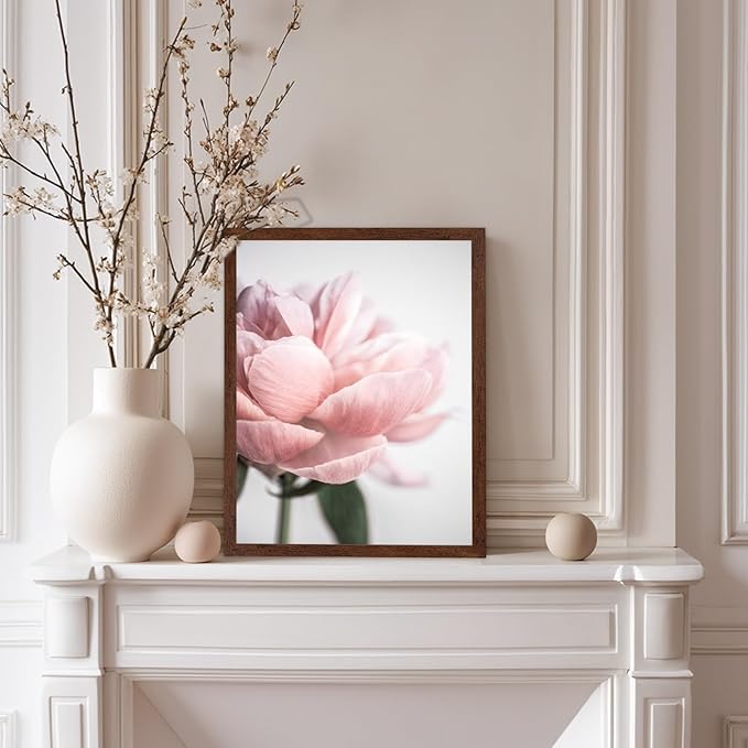 Monem Art Soft Pink Peony Macro Photography Print - Minimalist Floral Art Poster - Wall Decor for Living Room, Bedroom or Office - 12x16 Brown Framed Wall Art by Mareike Bohmer