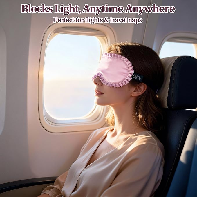 Silk Sleep Mask for Women, 100% Mulberry Silk Eye Mask, All-Silk Filled, Adjustable Elastic Strap with Elegant Wave Trim, Blackout Soft Eye Cover, Travel & Gift (Pink)