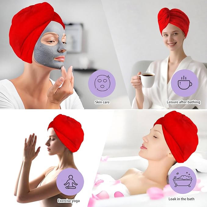 Microfiber Hair Drying Towel Wrap for Women, Hair Turbans Towel for Wet Hair,turbie Twist Hair Towels(The Color of the Picture is for Reference only) (Red-Double Layer)