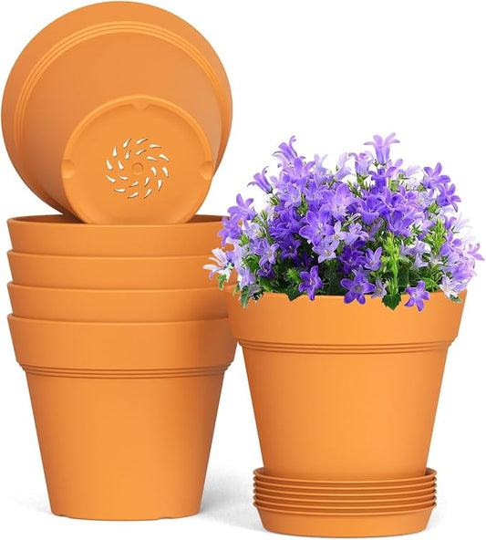 WSMKSZ 6 Inch Thick Plastic Plant Pots with Drainage Holes and Trays – 6 Pack Nursery Pots for Indoor & Outdoor House Plants, Seedling Starter Planters for Garden Flowers, Terracotta