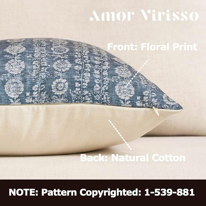 Amor Virisso Vintage Floral Throw Pillow Covers 20x20 Striped Farmhouse Block Print Pillow Cover Boho Neutral Decorative Pillows for Living Room Bed, Dusty Blue